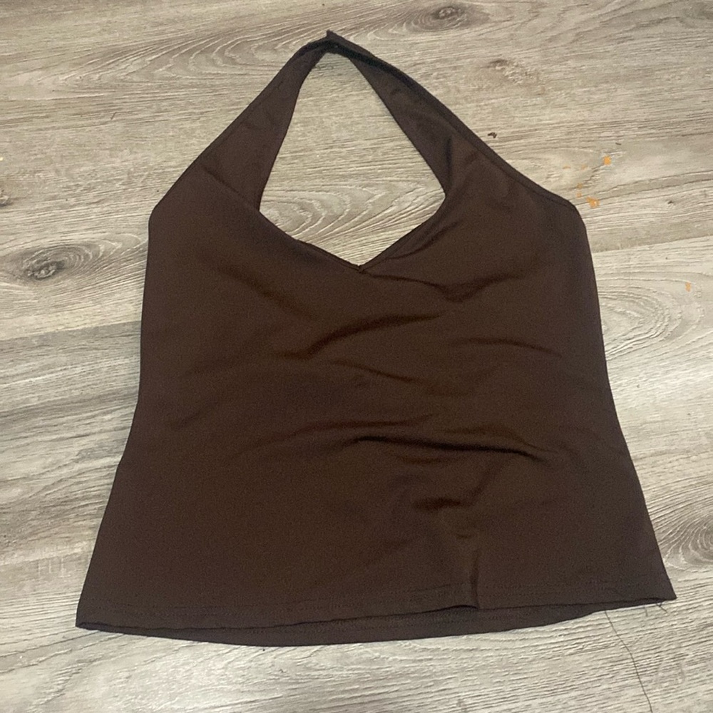 brown tank top. strap goes around the neck